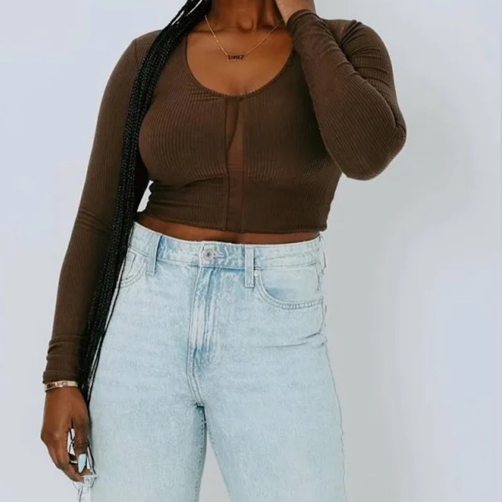 Klassy Network Brown Ribbed Scoop Neck Long Sleeve w/ Mesh